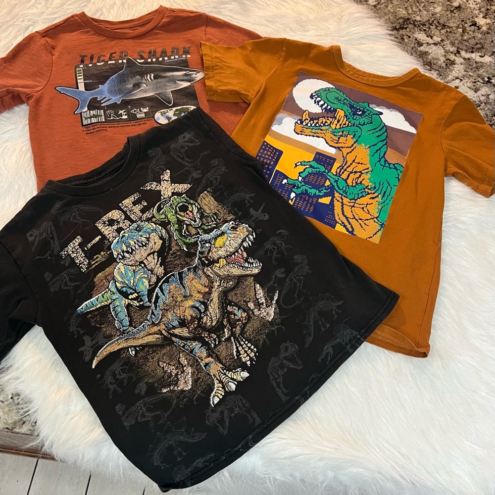 Dinosaur and Shark Graphic T-Shirt Set - Black, Orange, Brown